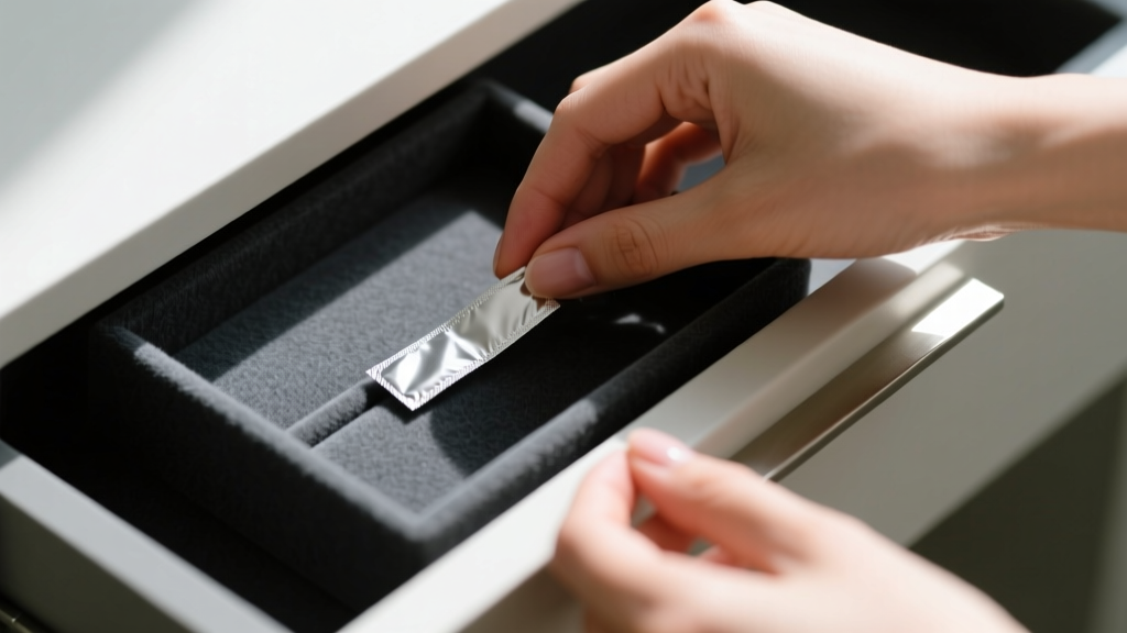 Close-up of hands placing a small anti-tarnish strip into a dark gray felt-lined jewelry tray organizer drawer compartment slot