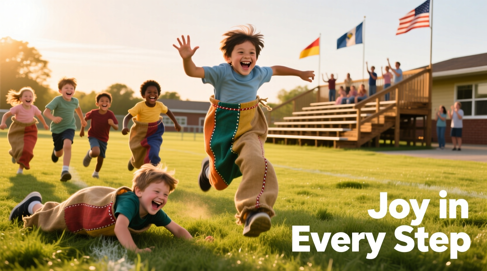 Children laughing while participating in a potato sack race