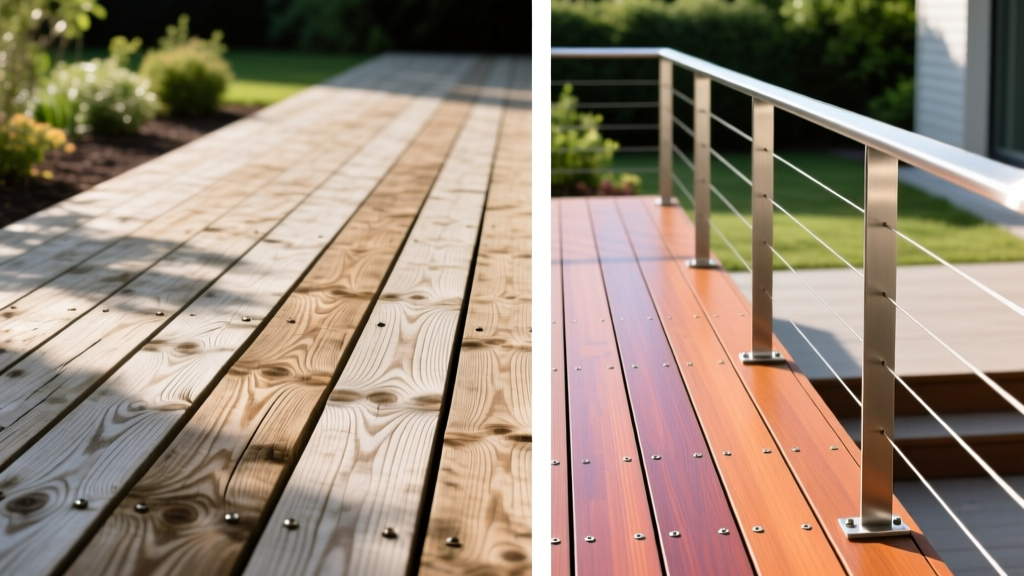 Split-view of weathered pressure-treated pine decking beside pristine capped composite boards with hidden fasteners and metal railings
