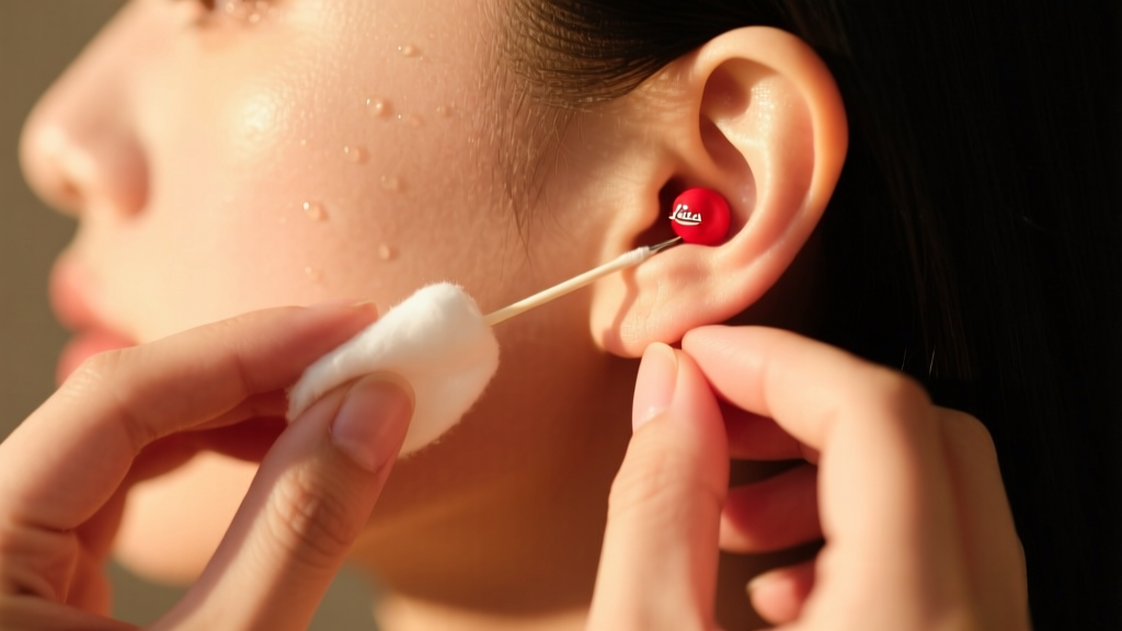 Hands applying a saline swab to a red earlobe piercing, bathed in soft morning light against a blurred warm-toned background.