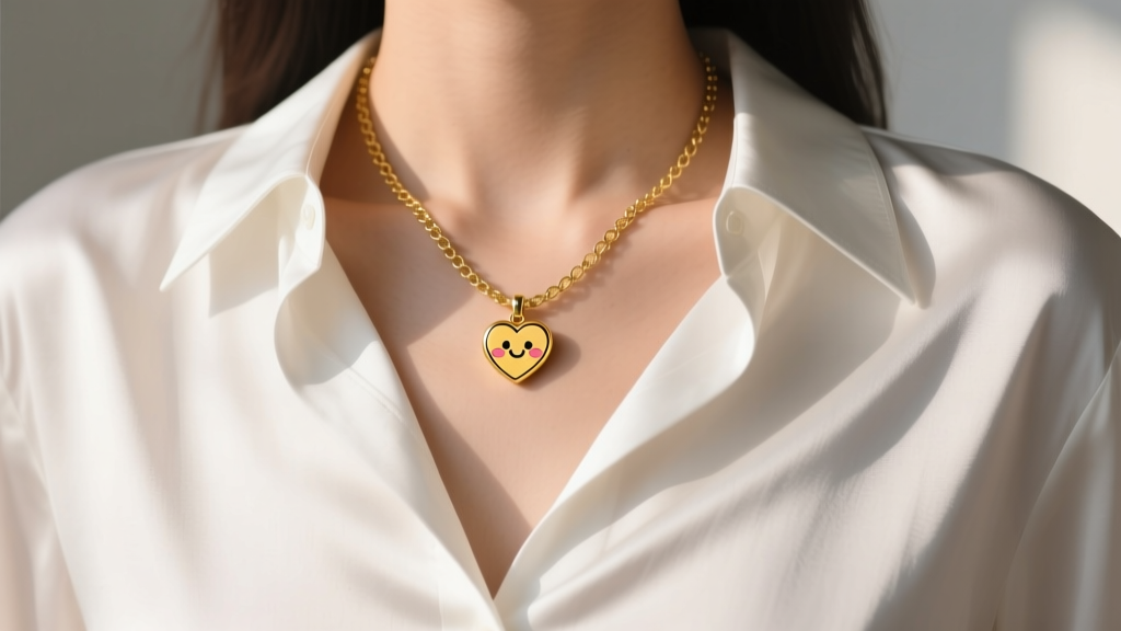 Close-up shot of a woman layering a gold cartoon heart pendant with a delicate chain over a white silk button-down shirt collar