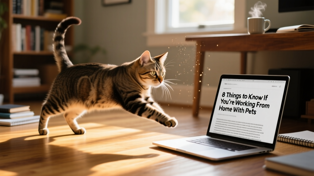 A cat frozen mid-pounce toward a sunlit spot on the floor near a laptop