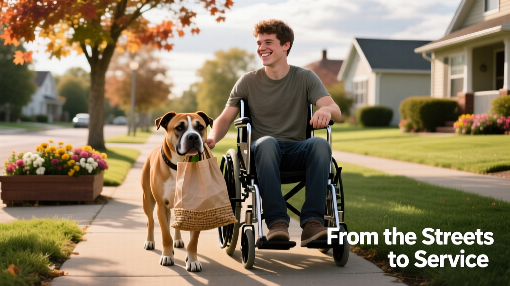 Jericho gently holding a grocery bag in his mouth while walking beside Matthew’s wheelchair on a quiet neighborhood sidewalk