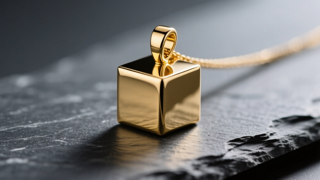Macro shot of a solid 10mm 18k gold cube pendant on dark slate, showing sharp geometric edges and a high-polish mirror finish.