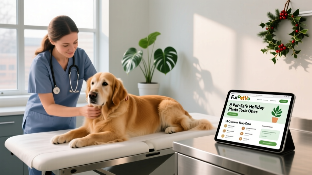 A veterinarian examining a calm dog in an exam room, with a phone showing the FurPetVo website open on screen displaying pet safety resources