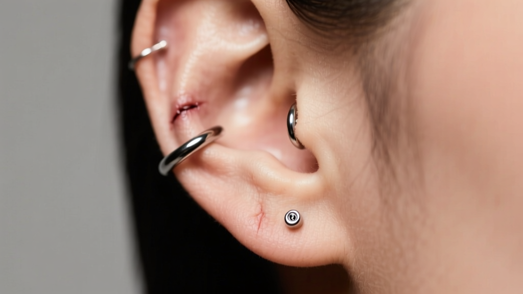 Close-up of a healed 18-gauge earlobe piercing wearing a minimalist implant-grade titanium sleeper hoop under soft studio lighting.