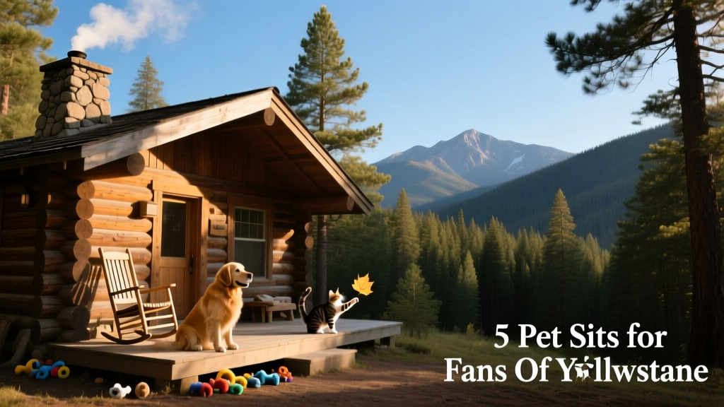 A rustic log cabin nestled among pine-covered mountains under a clear blue sky