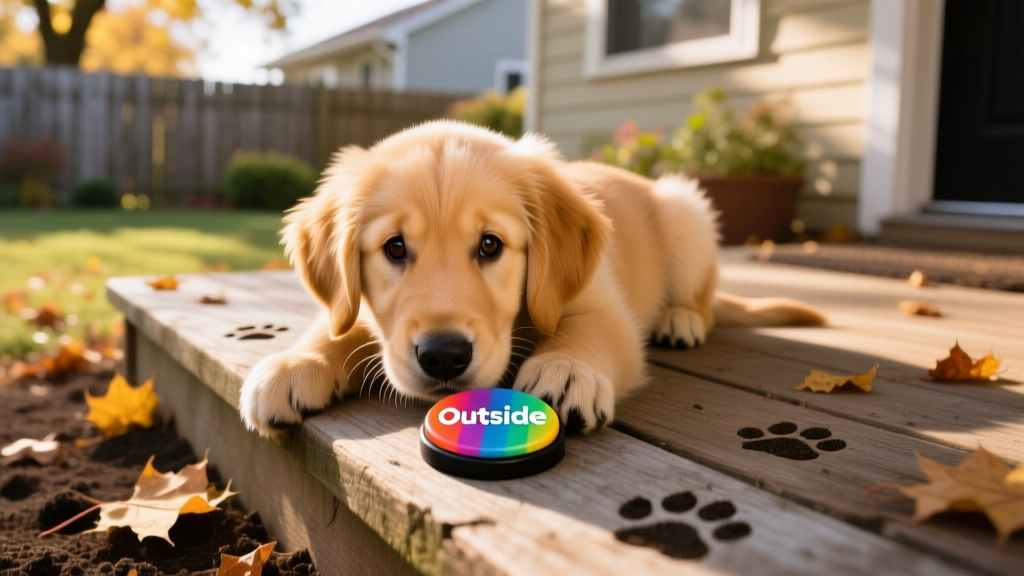 A dog gently pressing a colorful round button with the word 'Outside' printed on it