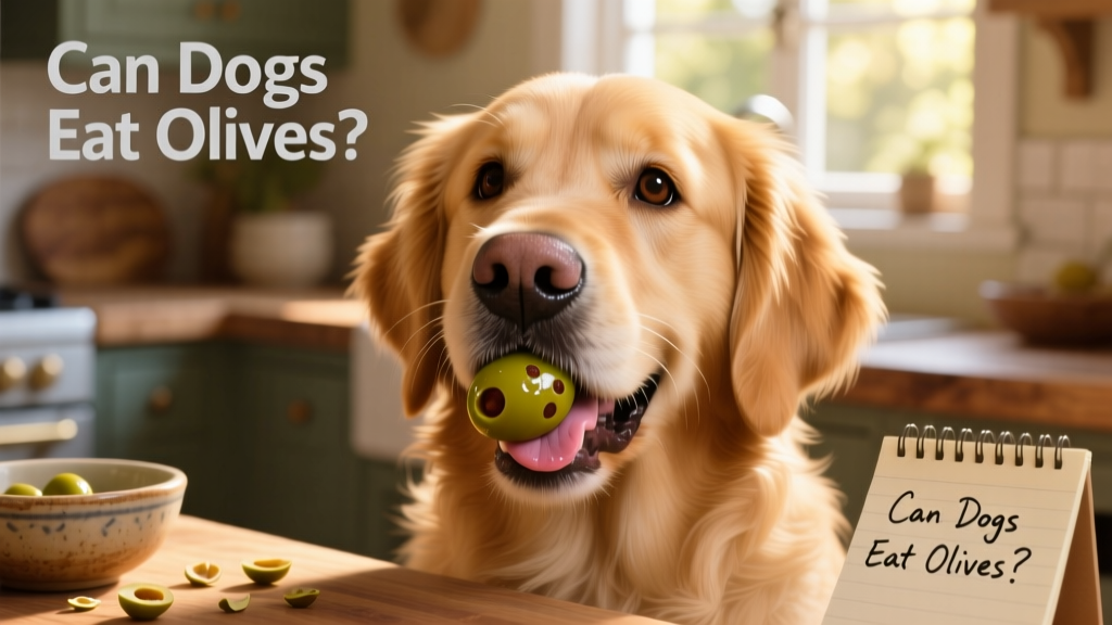 Close-up of a dog gently holding a single pitted olive in its mouth