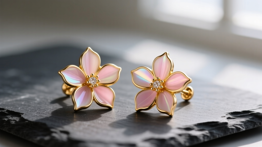 Close-up of gold vermeil flower pink earrings with translucent enamel petals on dark slate under soft daylight.