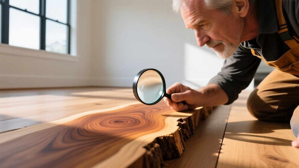 Close-up of a contractor using a magnifying loupe to inspect the end-grain and growth rings of an exposed oak hardwood floor edge in a sunlit room