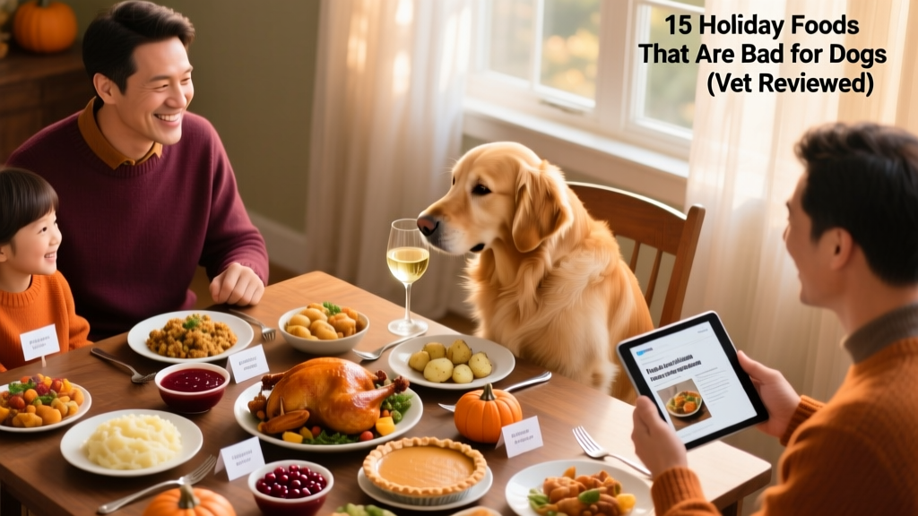 top view of golden retriever near family holding glasses of white wine during thanksgiving dinner