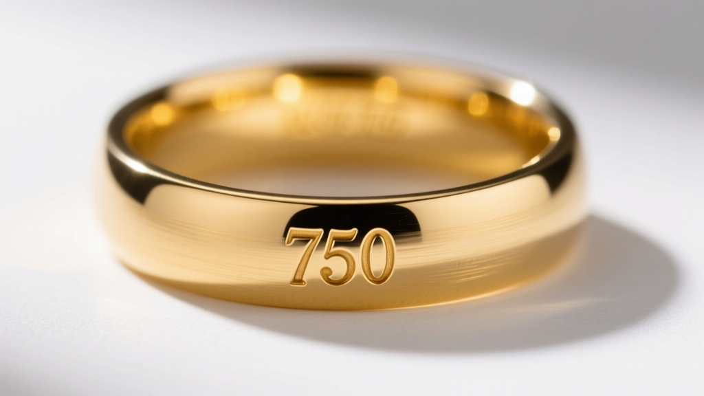 Macro photography of an 18k gold hallmark stamp reading 750 on the inner band of a polished yellow gold wedding ring