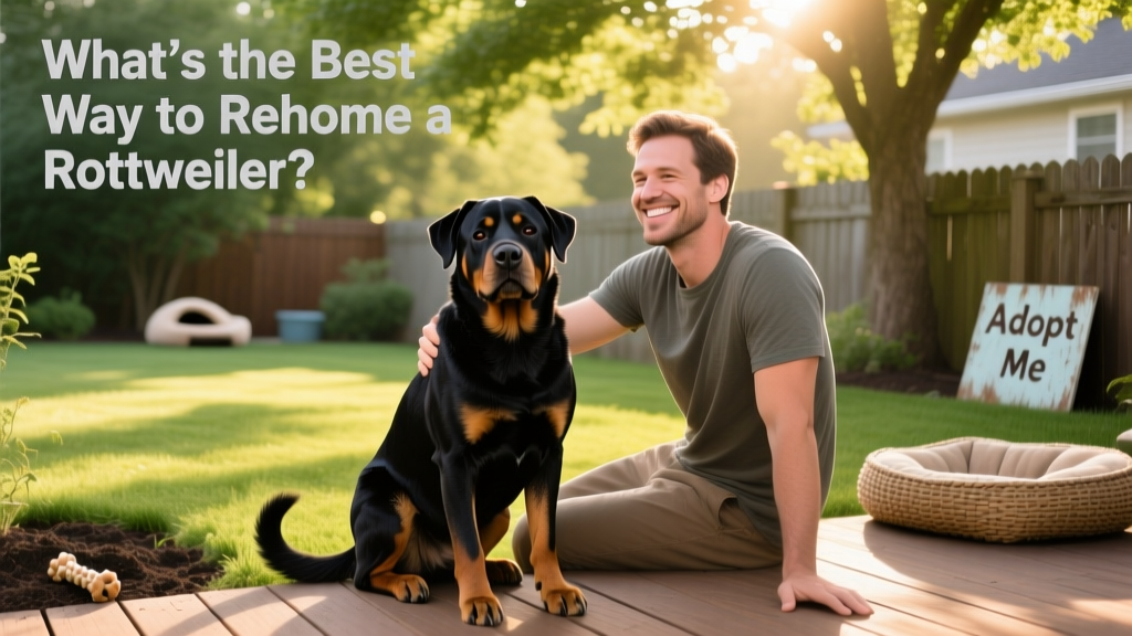 A calm, confident Rottweiler sitting beside a smiling adult in a sunlit backyard
