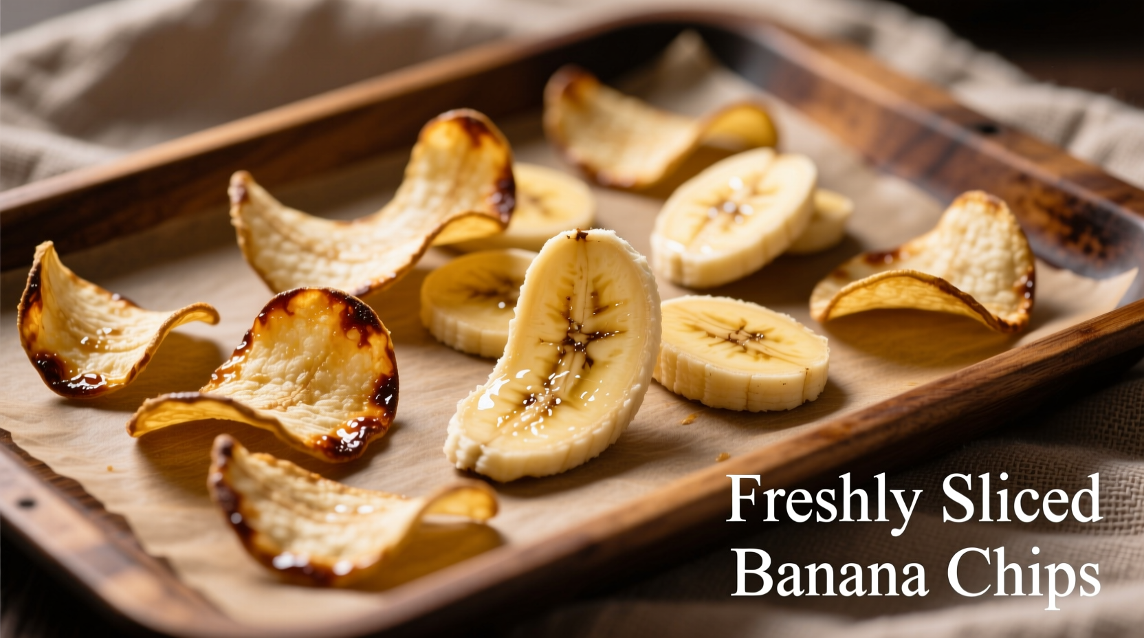 Freshly sliced banana chips arranged on baking sheet