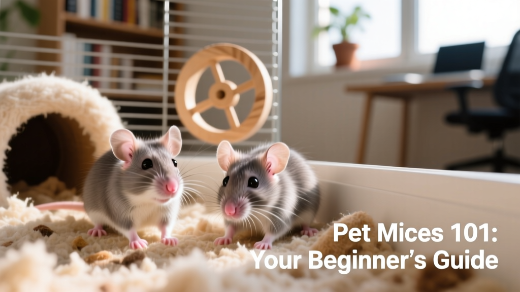 Close-up photo of two friendly pet mice exploring a clean, enriched cage with nesting material and a small wheel