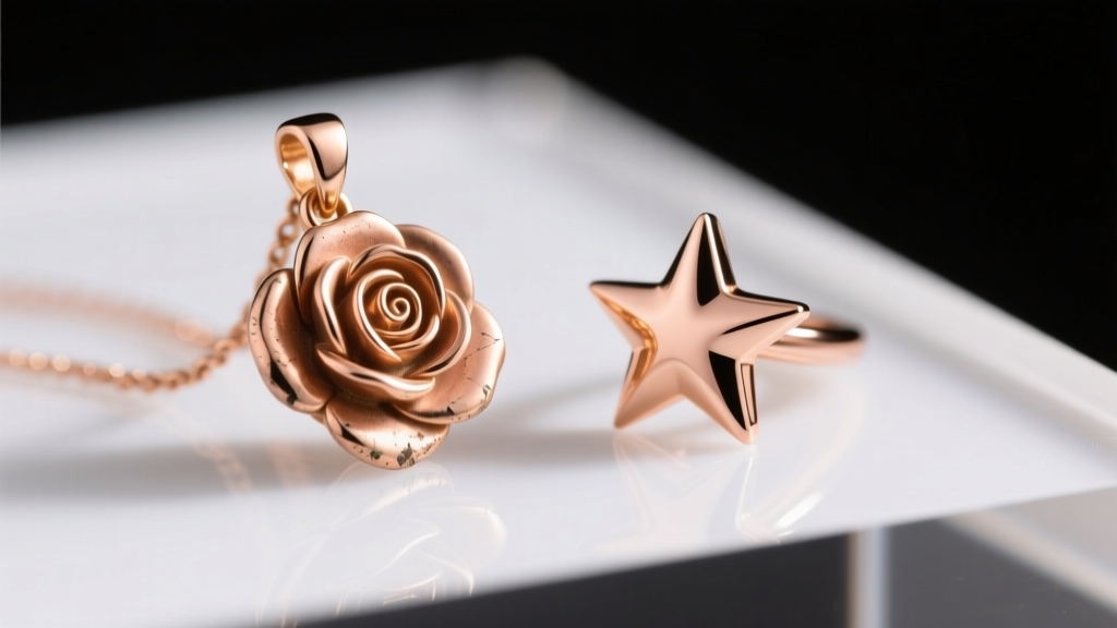 Plated rose gold pendant showing wear next to a pristine 14k rose gold star charm under bright studio lighting on white acrylic.