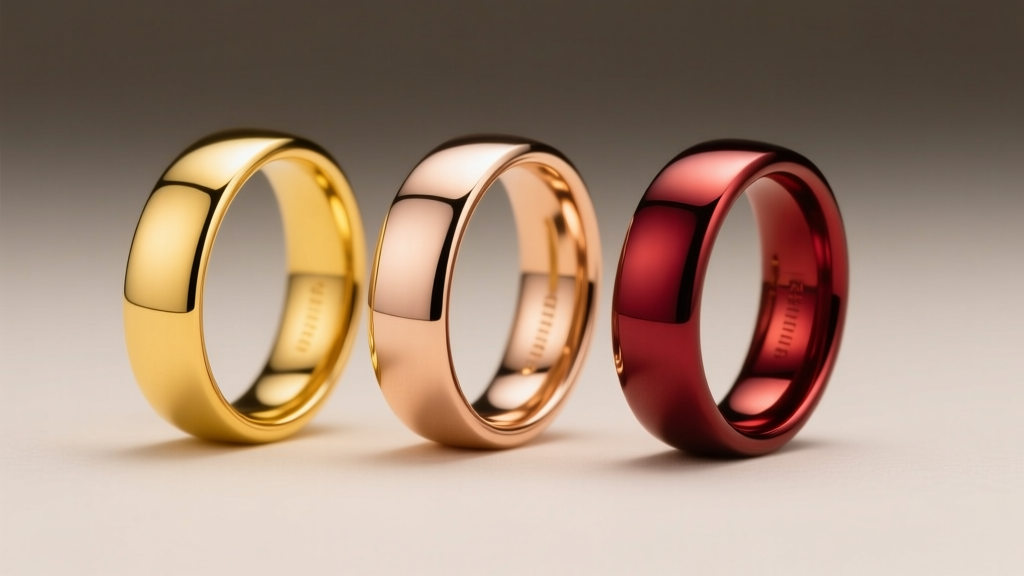 Three wedding bands side-by-side showing yellow gold, pink rose gold, and deep red gold alloys under soft studio lighting