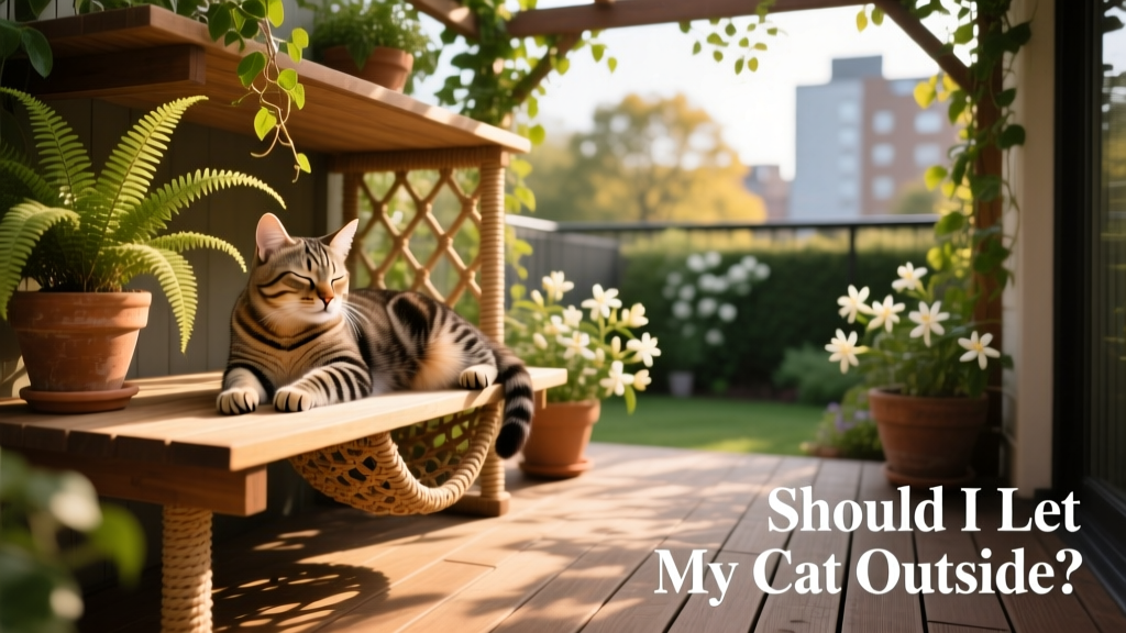 A cat relaxing in a secure, sun-dappled catio with climbing shelves and greenery