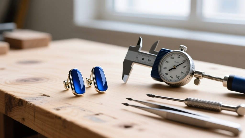 Close-up of blue clip-on earrings, a tension gauge, and precision tools for adjusting screw-backs on a wooden workbench.