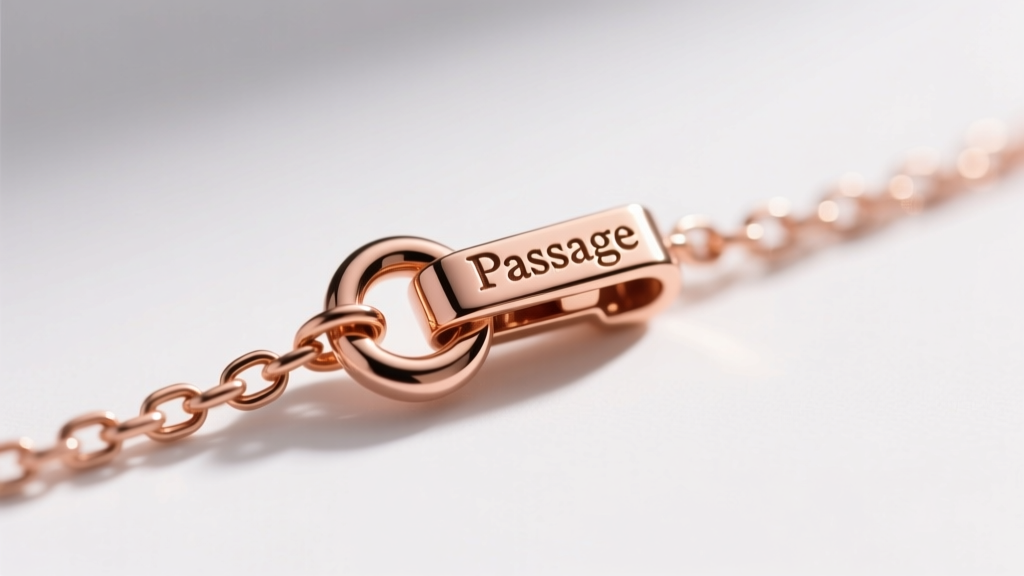 Close-up of 1.2mm rose gold chain securing a pendant of passage, showing the lobster clasp mechanism in warm, sharp macro focus