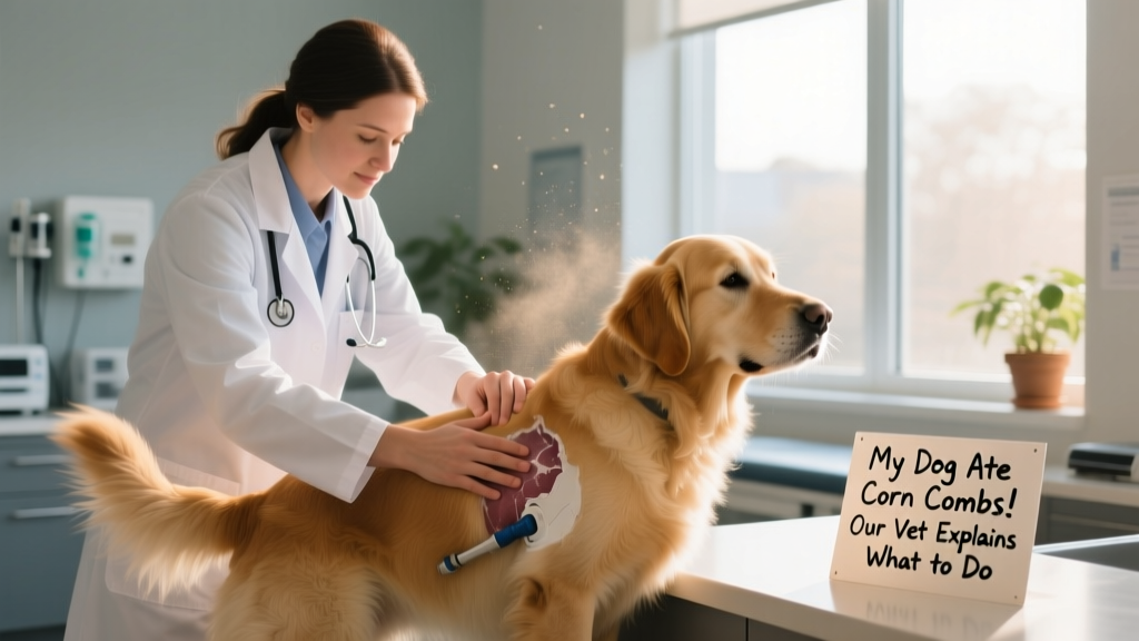 A veterinarian gently examining a relaxed dog during a post-op checkup