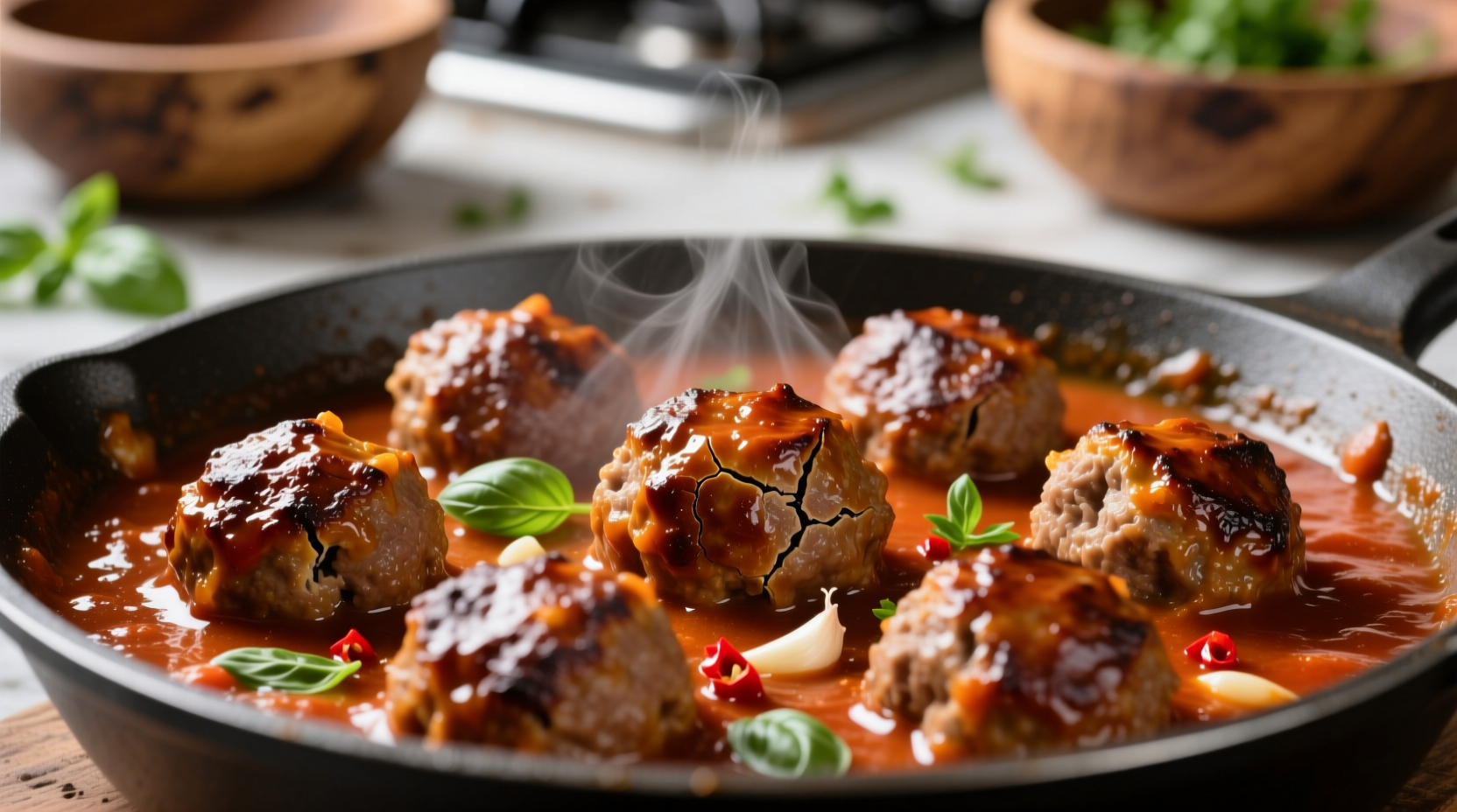 Perfectly browned meatballs in rich tomato sauce