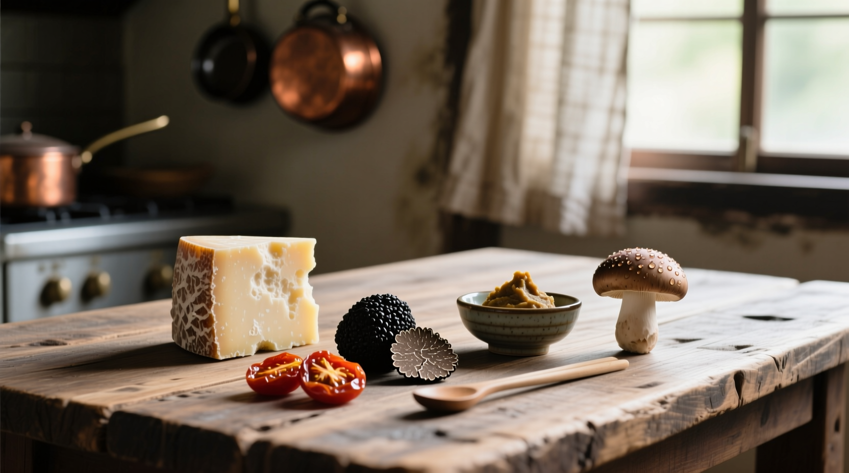 Umami-rich ingredients on wooden table