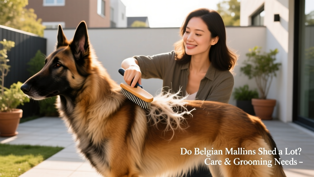woman grooming her belgian malinois dog