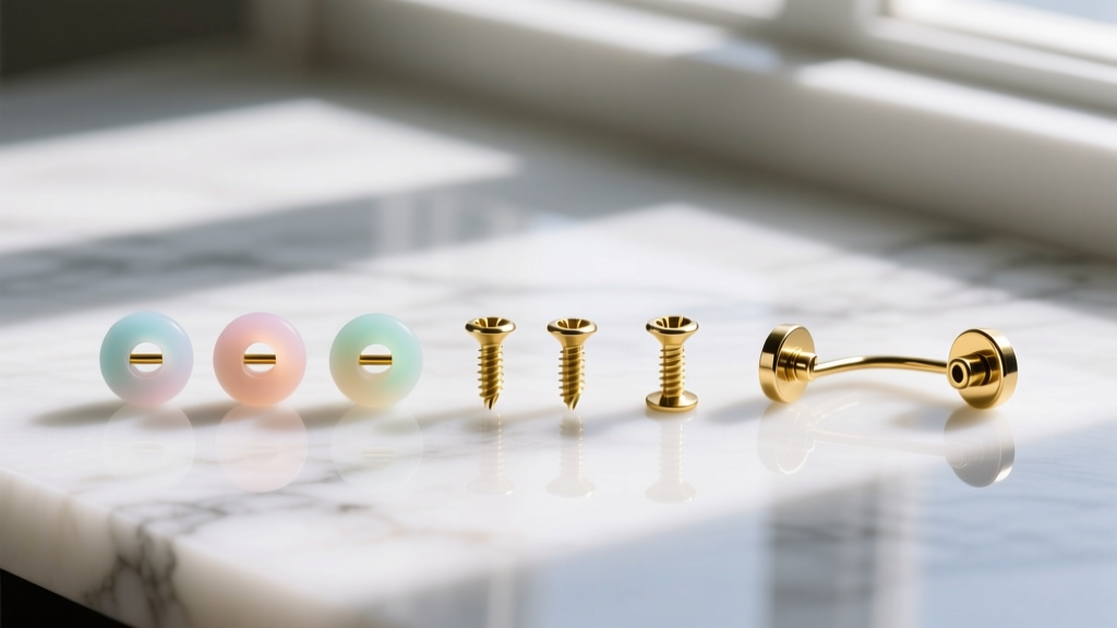 Flat lay on marble showing 8mm silicone discs, threaded 18-gauge gold screw backs, and locking leverback ear wires side by side