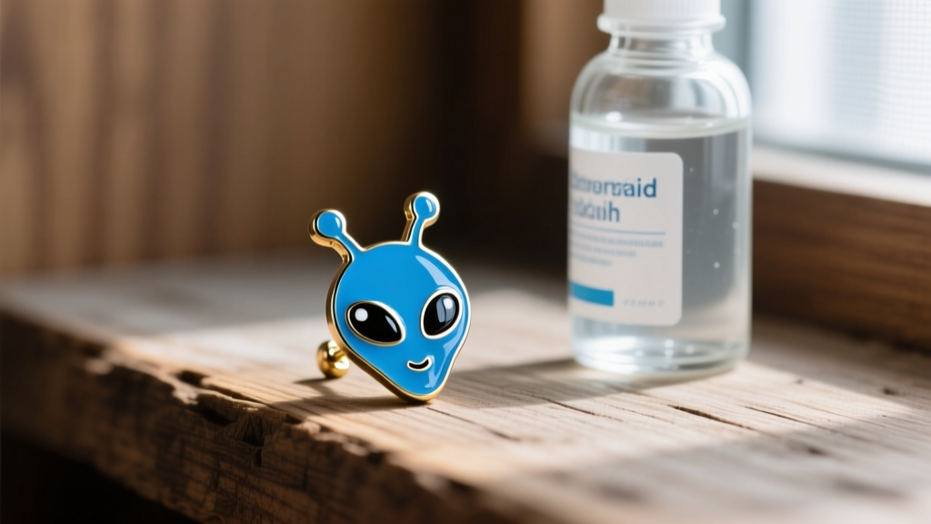Macro photography of a blue enamel cartoon alien stud earring resting on wood next to a bottle of sterile saline wound wash.