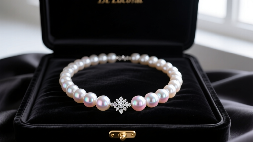 Open velvet box revealing a luminous 18-inch Lucoral pearl necklace with a diamond 18k white gold clasp on dark silk fabric