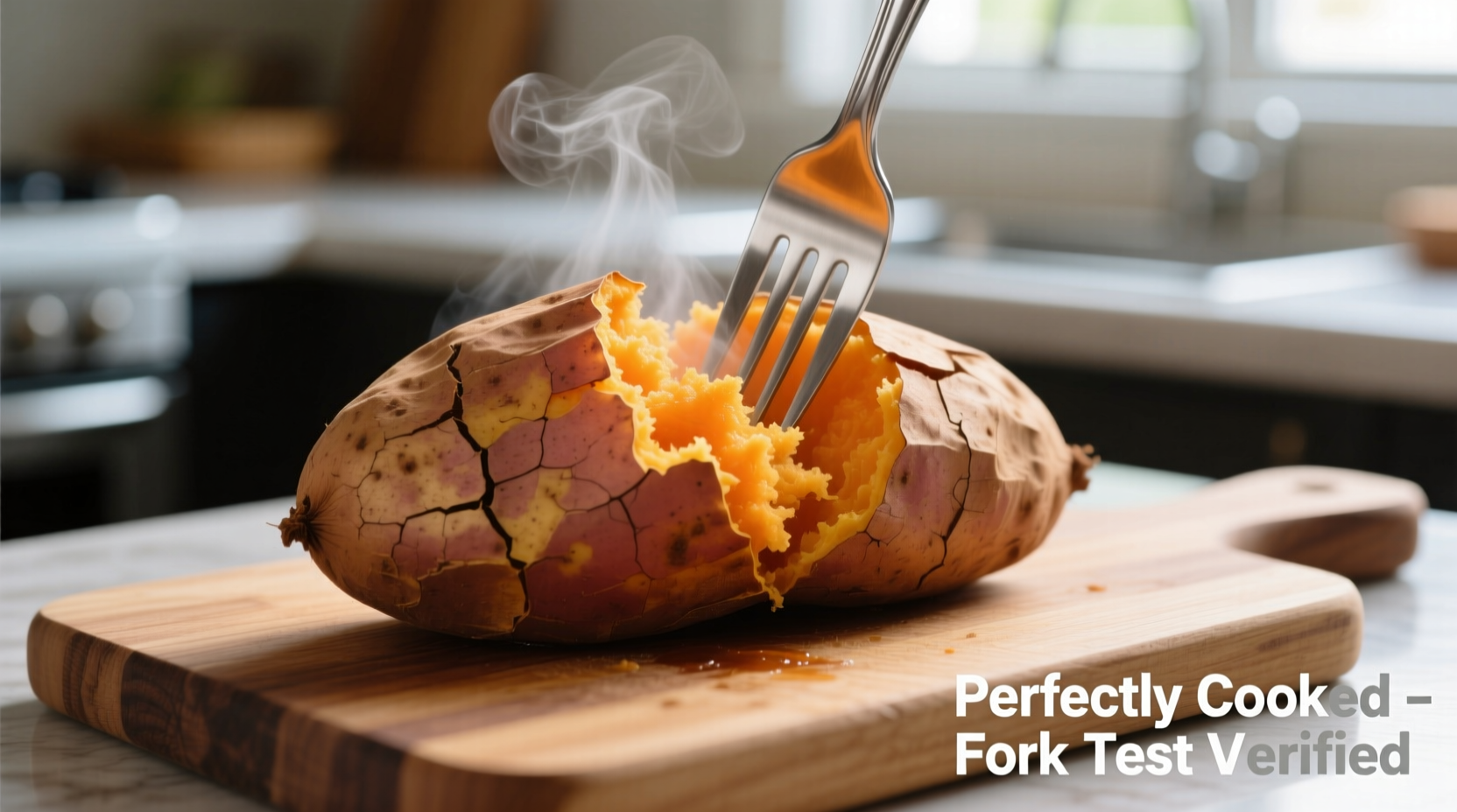 Perfectly cooked microwaved sweet potato with fork test