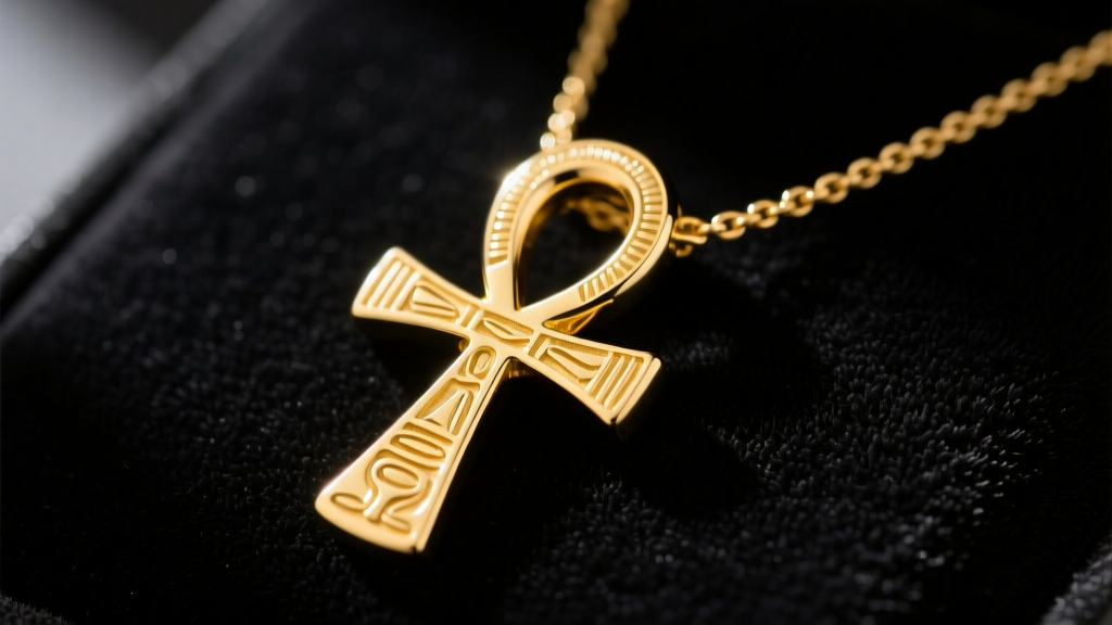 Close-up of a solid 14k yellow gold ankh necklace on dark velvet, highlighting intricate hieroglyphic engravings on the loop.