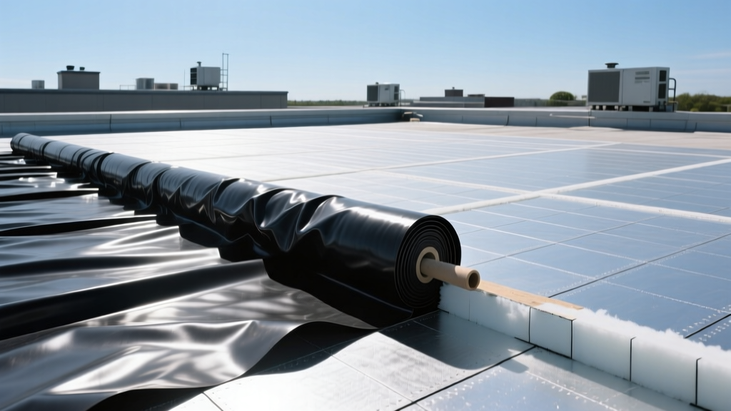 Black EPDM membrane rolls being adhered to polyiso insulation boards on a commercial flat roof under bright sunlight