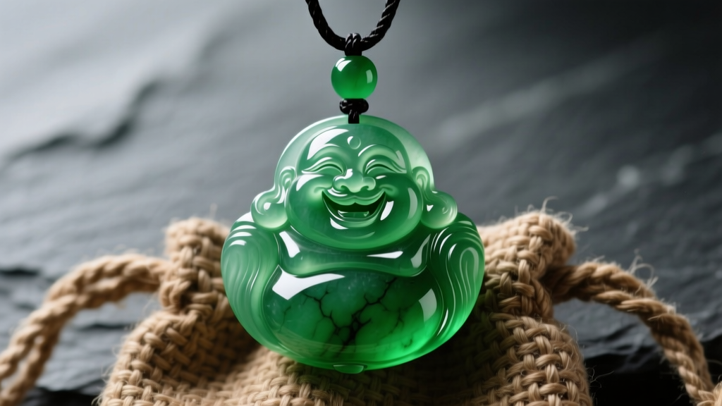 Type A green jadeite laughing buddha pendant on slate, soft lighting highlighting detailed facial carving and bead sack