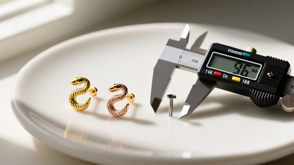 Flat lay of 14k and 18k gold snake lobe studs next to a digital caliper measuring a 16-gauge post, soft natural window lighting.