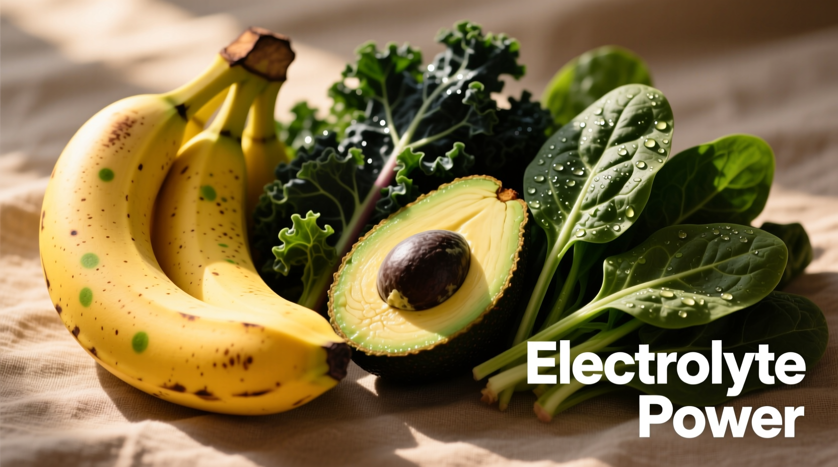 Colorful array of electrolyte-rich foods including bananas, avocados, and leafy greens