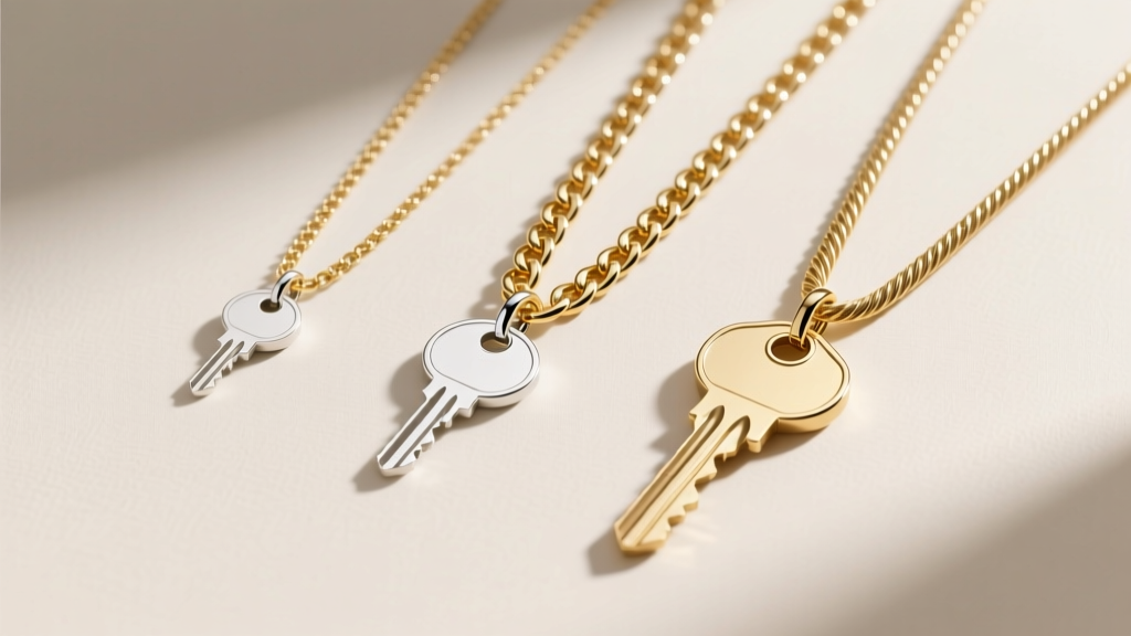 Flat lay of a 1.5mm box chain, 2.0mm curb chain, and 1.2mm cable chain, each holding a different size white gold key pendant.