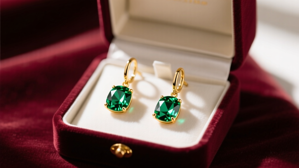 Elegant gift box open on a velvet surface revealing 18k gold drop earrings with faceted green emerald crystals catching soft light