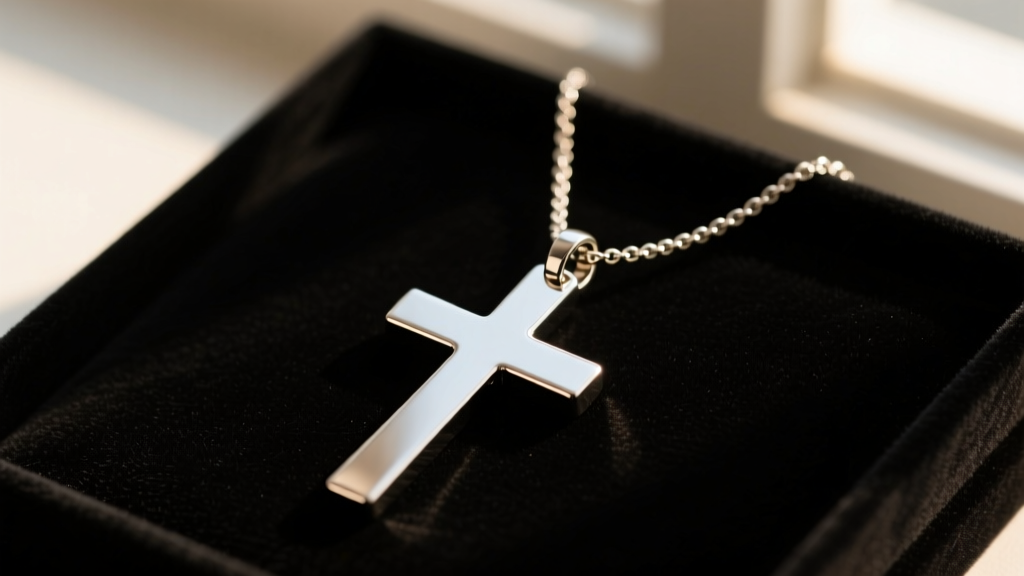 Brushed stainless steel cross necklace that holds ashes on dark velvet, warm light highlighting the threaded bail seal and O-ring