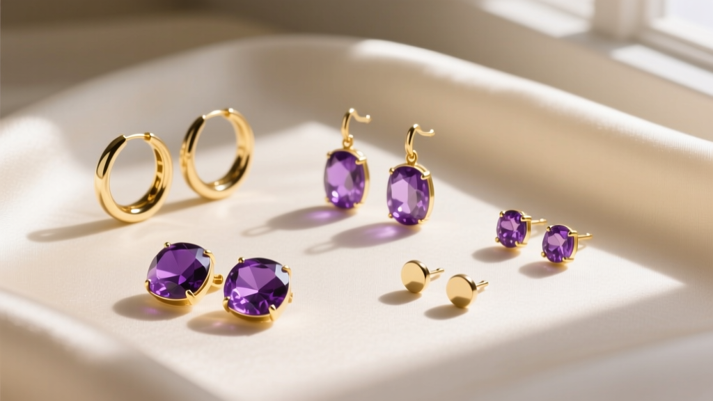 Flat lay of amethyst and gold hoops, dangles, and studs, arranged on cream silk fabric with soft natural window lighting.