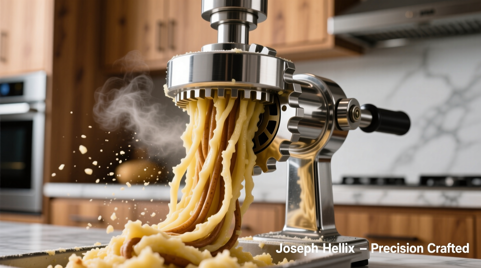Joseph Helix potato ricer in action producing fine potato strands