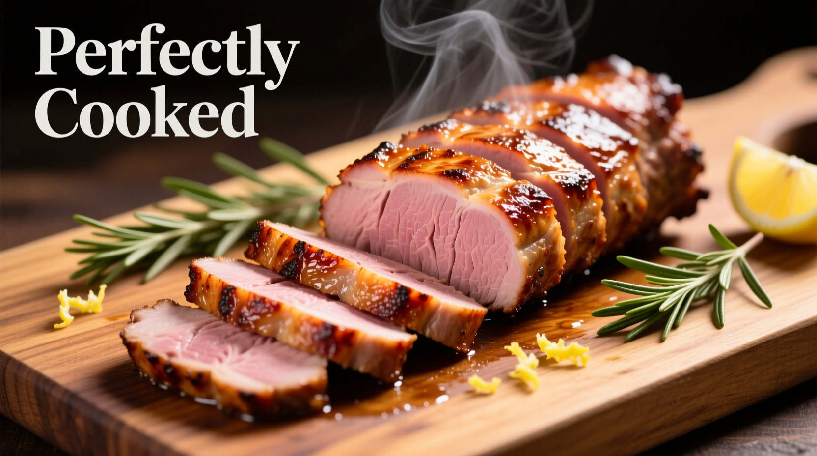 Perfectly cooked pork tenderloin sliced on cutting board