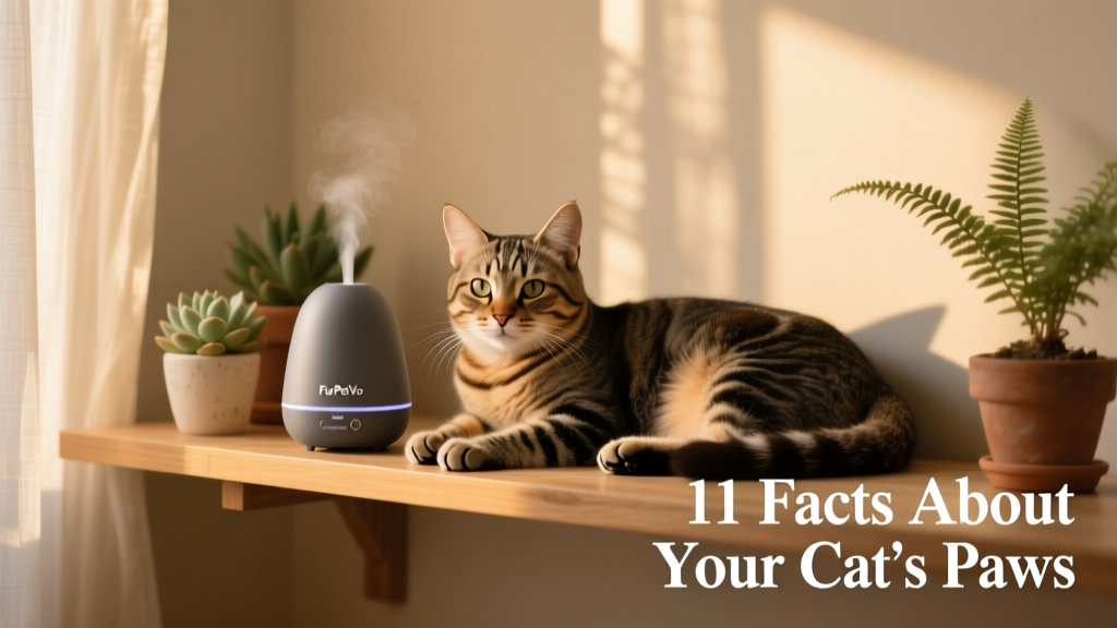 Cat resting calmly beside a FurPetVo pheromone diffuser on a shelf