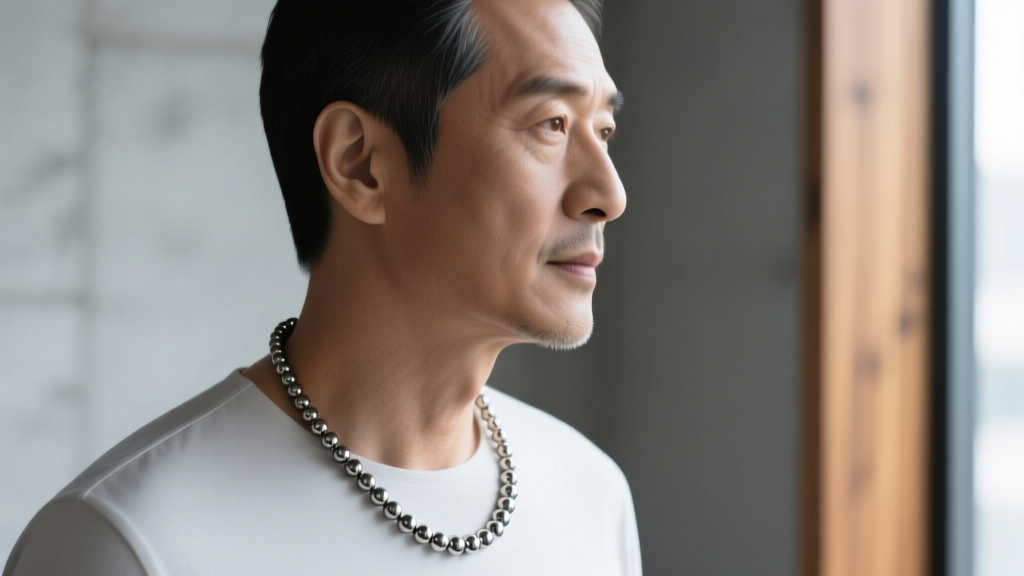 Side profile of a man wearing a long 28-inch lightweight titanium bead necklace, showing the relaxed drape below the sternum.