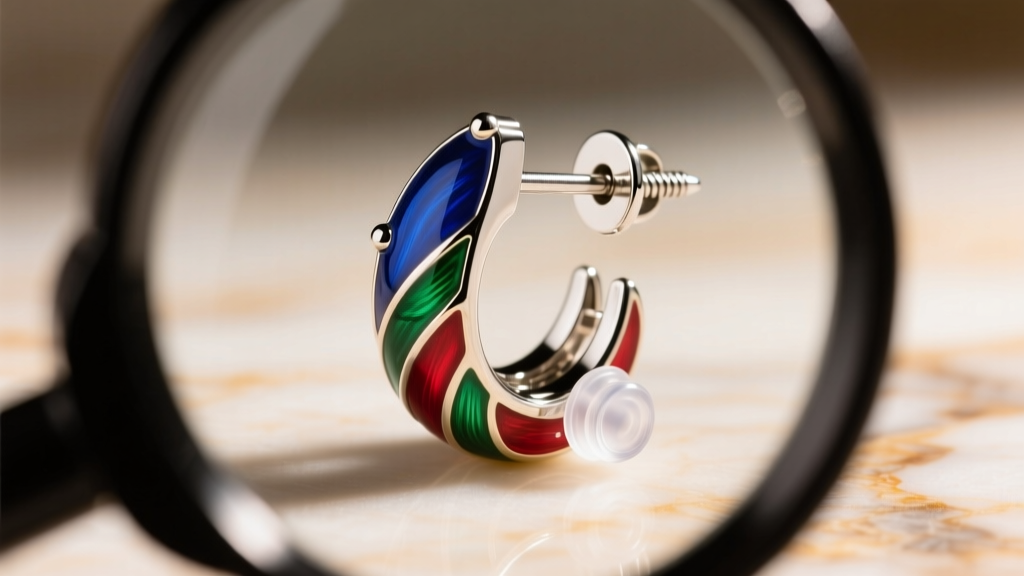 Jeweler loupe view of a heavy enamel holiday earring post featuring a secure 18-gauge screw back and clear silicone stopper