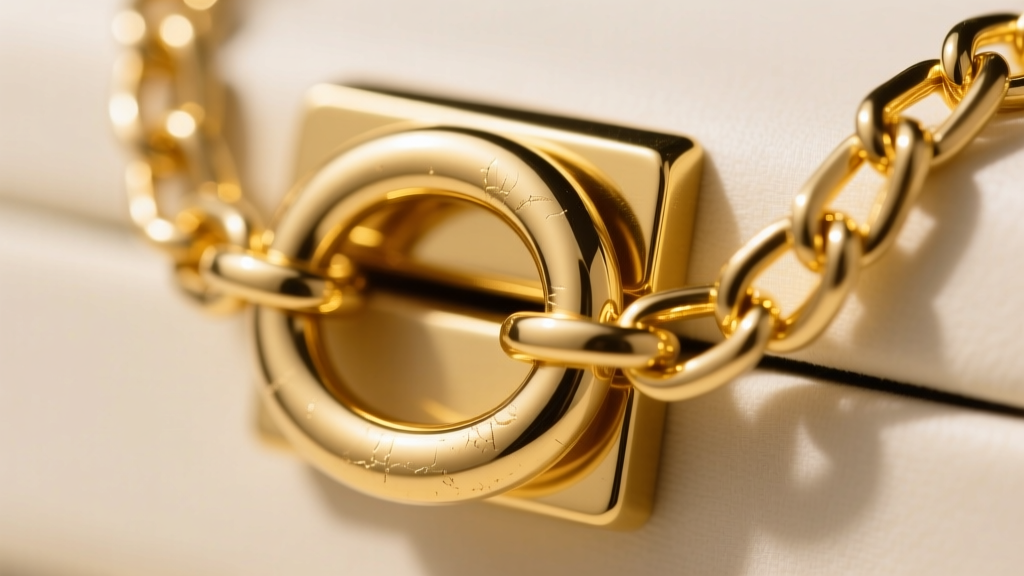 Macro photography of a heavy-duty jewelry box clasp with a figure-8 safety latch securing a thick yellow gold chain link necklace