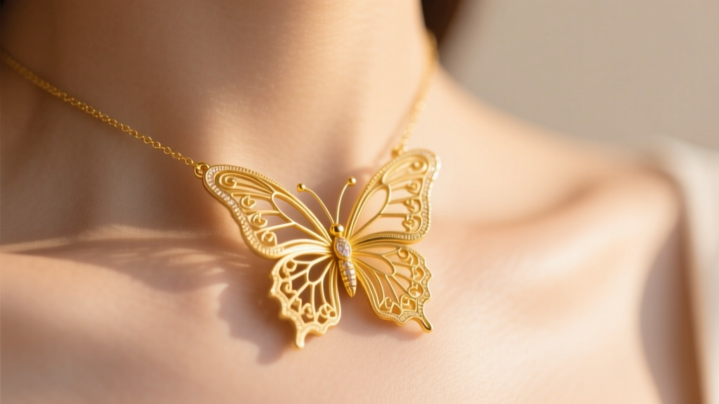 Close-up of a 14k yellow gold butterfly pendant on a collarbone, soft sunlight highlighting the intricate wing filigree details.