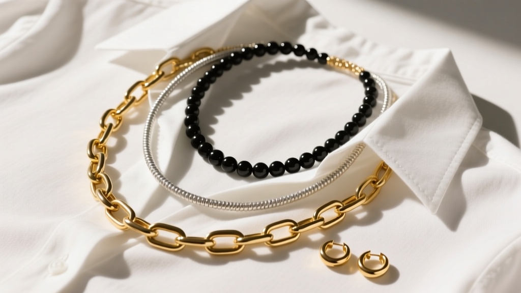 Overhead shot of three layered serpentine bead necklaces of varying thicknesses on a white cotton shirt next to small gold hoops